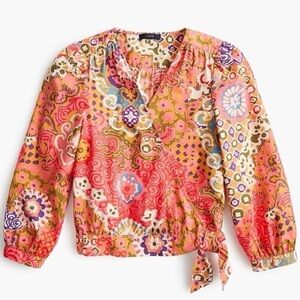 NWT J. Crew Pink Paisley Vibrant Pink Orange Floral Wrap Bow Blouse Size M